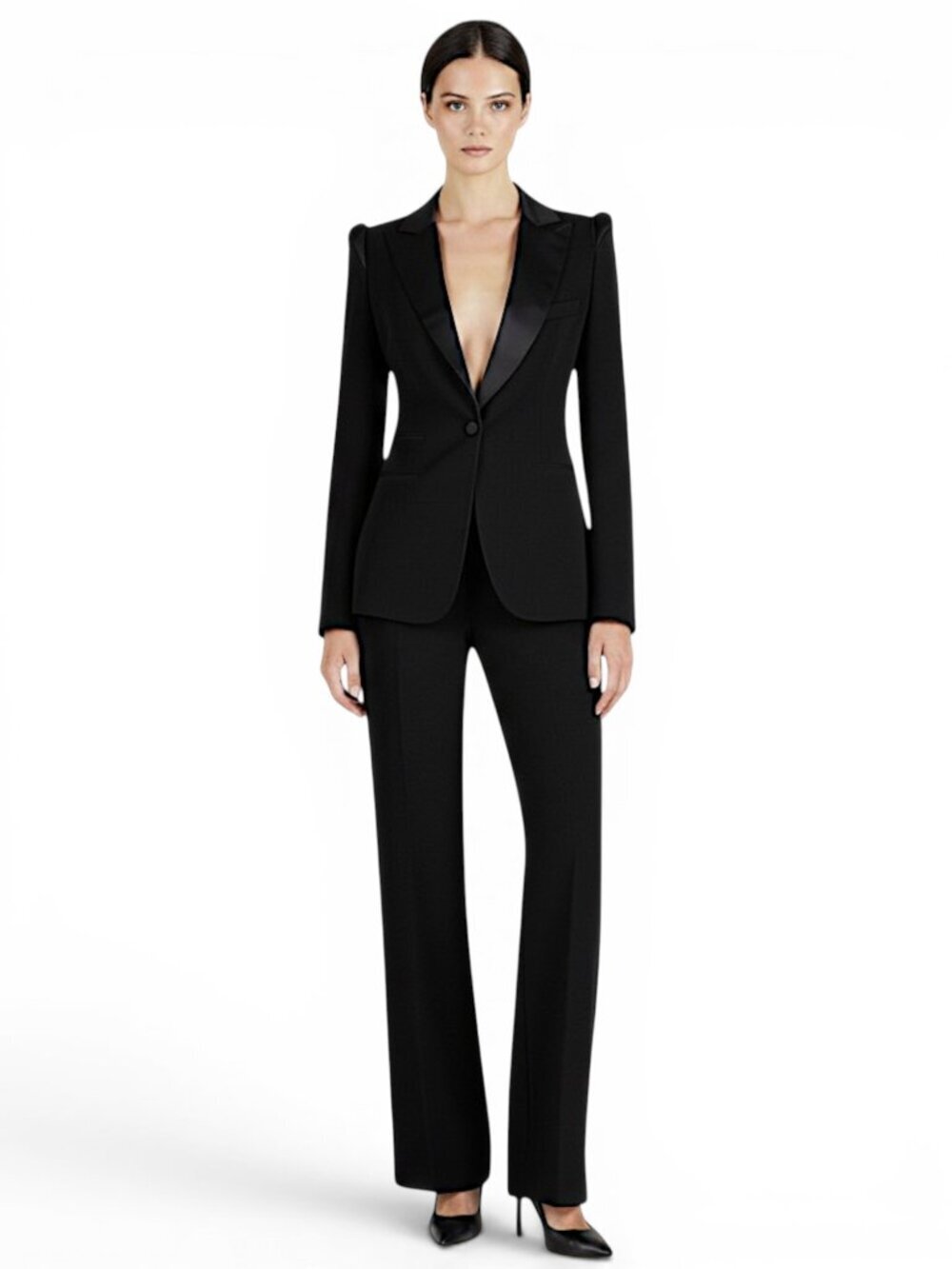 Donna Karan Black Puff Sleeve Jacket Molded Doubleknit Tuxedo Pants Suit NWT 2